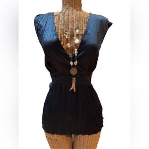 White House Black Market Beaded Accordion Ruched Y2K Tie Back Silk Coquette Top